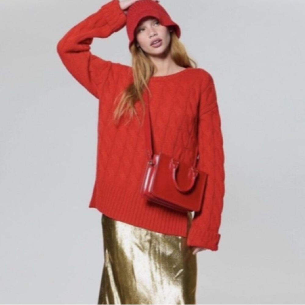 J Crew Cable Knit Red Tunic Sweater women's S/M